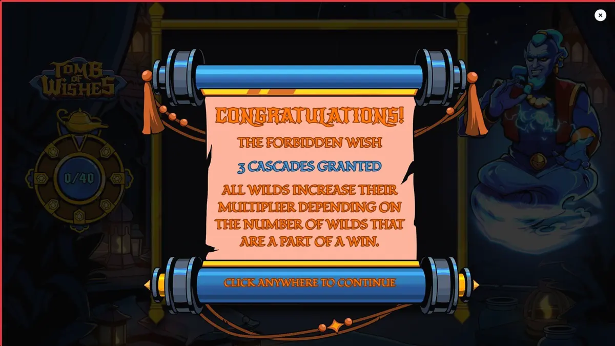 Tomb of Wishes slot machine interface featuring mystical Arabian artifacts
