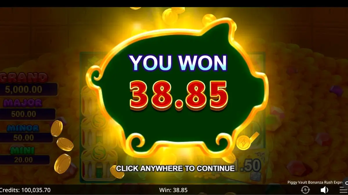 Tampilan visual slot Piggy Vault Bonanza Rush Express dengan tema brankas emas dan piggy bank.